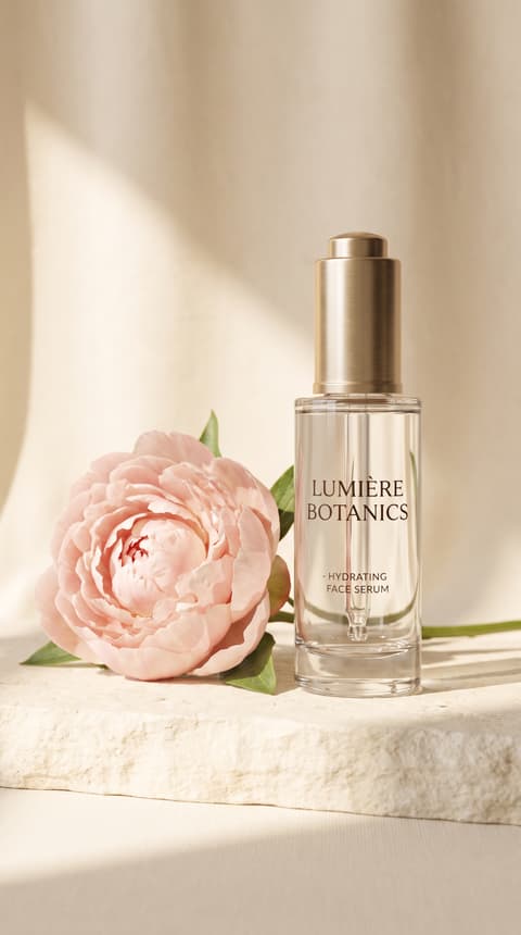 Skincare Bottle Beside a Pink Rose